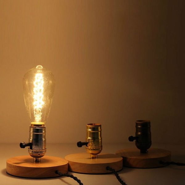 Retro Desktop Decoration Solid Wood E27 Base Lamp Holder without Light Source, EU Plug (Brown) - Image 7