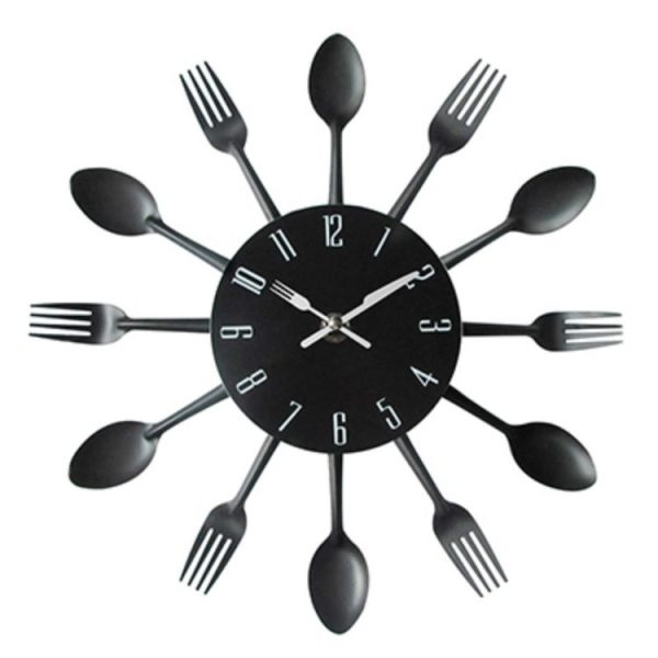 Cutlery Metal Kitchen Wall Clock Spoon Fork Creative Quartz Wall Mounted Clocks Modern Design Decorative Horloge Black - Image 2