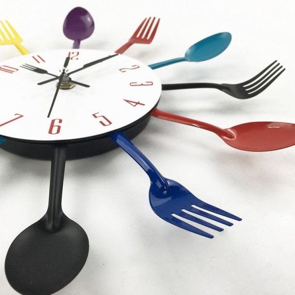 Cutlery Metal Kitchen Wall Clock Spoon Fork Creative Quartz Wall Mounted Clocks Modern Design Decorative Horloge Black - Image 3