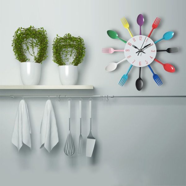 Cutlery Metal Kitchen Wall Clock Spoon Fork Creative Quartz Wall Mounted Clocks Modern Design Decorative Horloge Black - Image 4