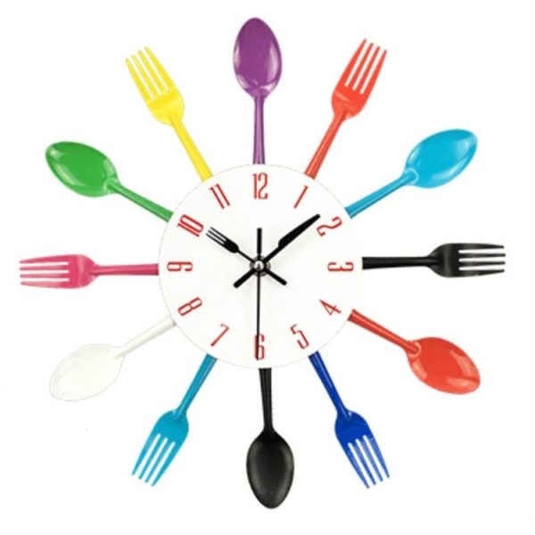 Cutlery Metal Kitchen Wall Clock Spoon Fork Creative Quartz Wall Mounted Clocks Modern Design Decorative Horloge Color