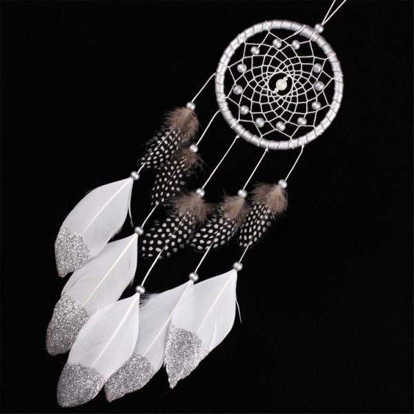 White Dream Catcher Wall Car Hanging Decoration Silver Feather Core Bead Handmade Dreamcatcher - Image 2