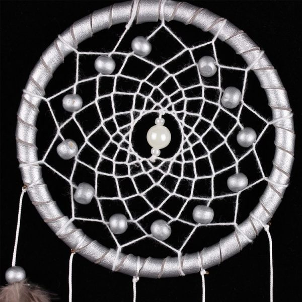 White Dream Catcher Wall Car Hanging Decoration Silver Feather Core Bead Handmade Dreamcatcher - Image 5