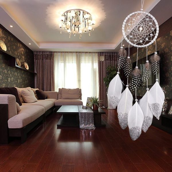 White Dream Catcher Wall Car Hanging Decoration Silver Feather Core Bead Handmade Dreamcatcher - Image 6