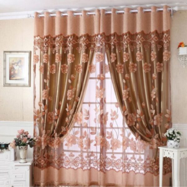 Lotus Flower Curtain Living Room Balcony Curtain, Size: 2x2.7m Punch and Beads (Coffee)