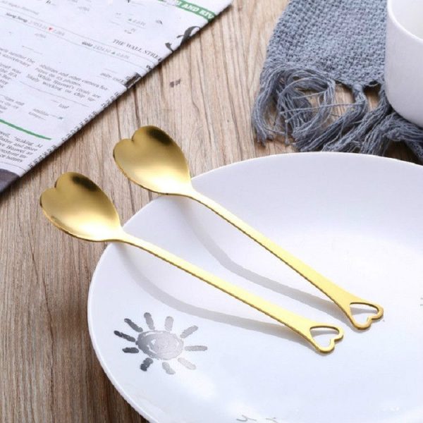 2 PCS Stainless Steel Spoon Portable Metal Coffee Teaspoon Creative Love Heart Shaped Wedding Party Gift Dinnerware, Color: Gold Single Hole Love