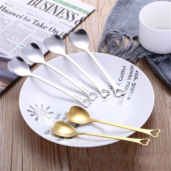 2 PCS Stainless Steel Spoon Portable Metal Coffee Teaspoon Creative Love Heart Shaped Wedding Party Gift Dinnerware, Color: Rose Gold Porous Love - Image 3