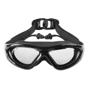 J8150 Eye Protection Flat Light Adult waterproof Anti-fog Big Frame Swimming Goggles with Earplugs (Smoky Black)