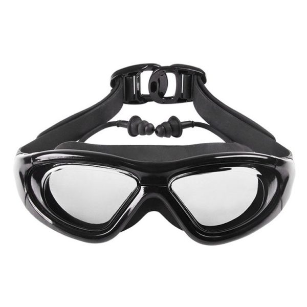 J8150 Eye Protection Flat Light Adult waterproof Anti-fog Big Frame Swimming Goggles with Earplugs (Smoky Black)