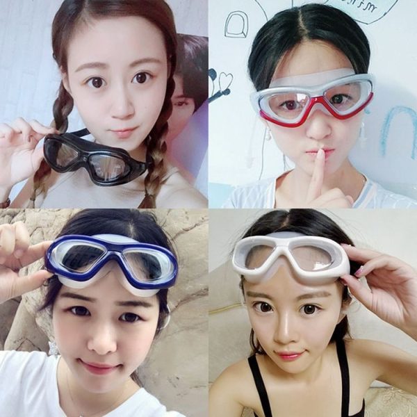 J8150 Eye Protection Flat Light Adult waterproof Anti-fog Big Frame Swimming Goggles with Earplugs (Smoky Black) - Image 3