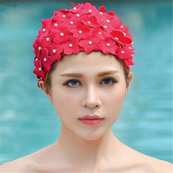 Pearl Three-dimensional Handmade Flower Swimming Cap for Women (Red)