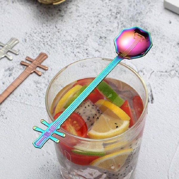 Stainless Steel Coffee Mixing Spoon Creative Musical Instrument Shape Spoon, Style: Lute, Color: Silver - Image 7