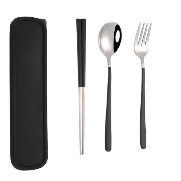 3pcs / Set Portable Stainless Steel Tableware Creative Set Chopsticks Spoon Fork Gift, Color: Black