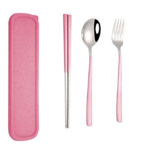 3pcs / Set Portable Stainless Steel Tableware Creative Set Chopsticks Spoon Fork Gift, Color: Pink
