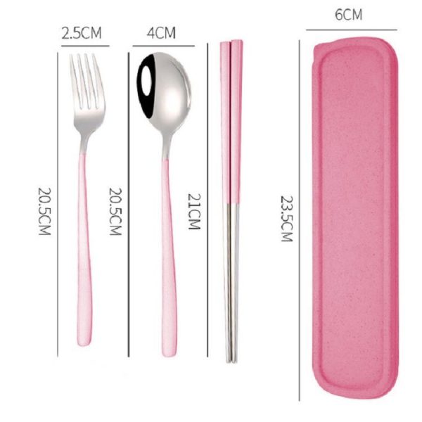 3pcs / Set Portable Stainless Steel Tableware Creative Set Chopsticks Spoon Fork Gift, Color: Pink - Image 2