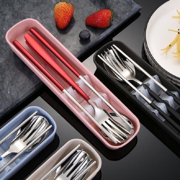 3pcs / Set Portable Stainless Steel Tableware Creative Set Chopsticks Spoon Fork Gift, Color: Pink - Image 5