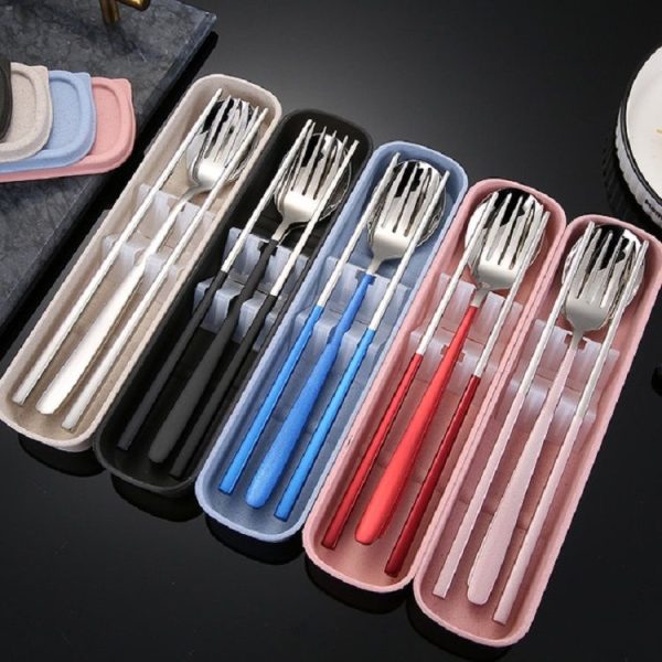 3pcs / Set Portable Stainless Steel Tableware Creative Set Chopsticks Spoon Fork Gift, Color: Pink - Image 7