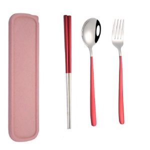 3pcs / Set Portable Stainless Steel Tableware Creative Set Chopsticks Spoon Fork Gift, Color: Red