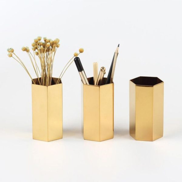 Home Office Hexagon Gold Flower Vase Pen Holder Desktop Storage Container - Image 4