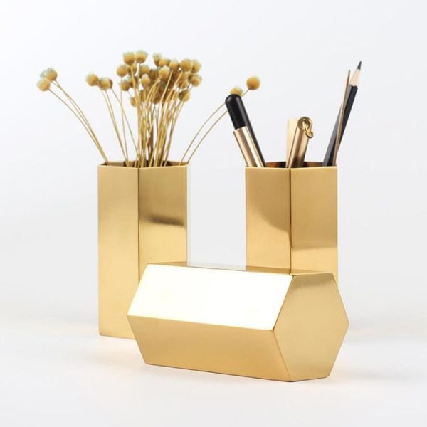 Home Office Hexagon Gold Flower Vase Pen Holder Desktop Storage Container - Image 5