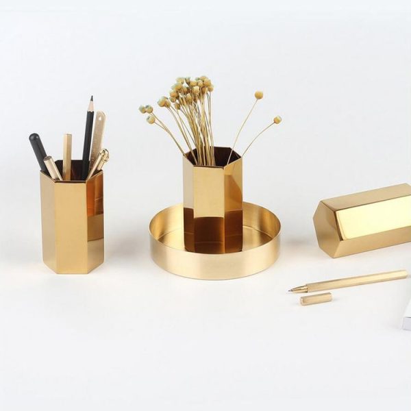 Home Office Hexagon Gold Flower Vase Pen Holder Desktop Storage Container - Image 6