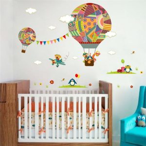2 PCS Colorful Hot Air Balloon Animal Nursery Room Wall Sticker Bear Giraffe Children Room Cartoon Classroom Wall Decals Poster
