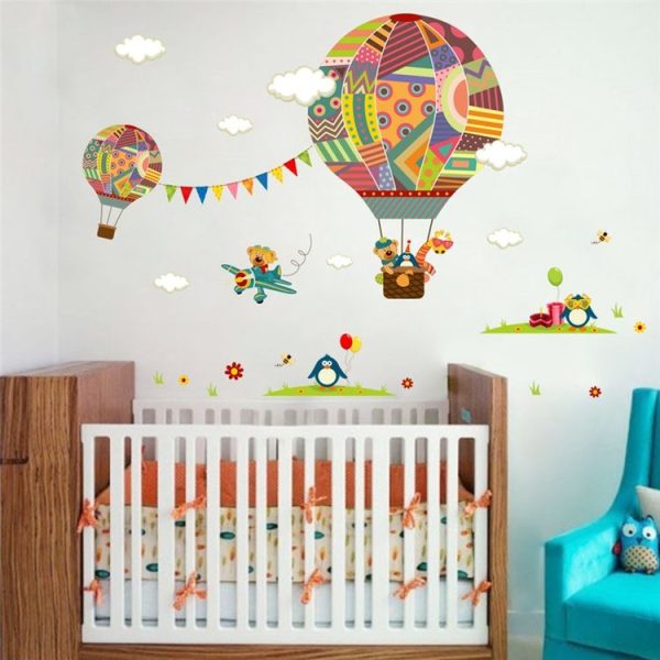 2 PCS Colorful Hot Air Balloon Animal Nursery Room Wall Sticker Bear Giraffe Children Room Cartoon Classroom Wall Decals Poster