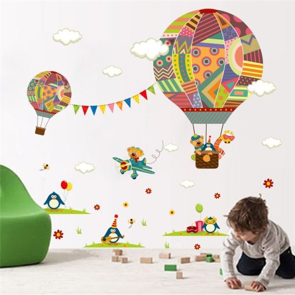 2 PCS Colorful Hot Air Balloon Animal Nursery Room Wall Sticker Bear Giraffe Children Room Cartoon Classroom Wall Decals Poster - Image 2
