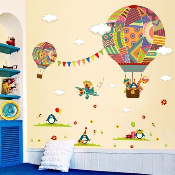 2 PCS Colorful Hot Air Balloon Animal Nursery Room Wall Sticker Bear Giraffe Children Room Cartoon Classroom Wall Decals Poster - Image 3