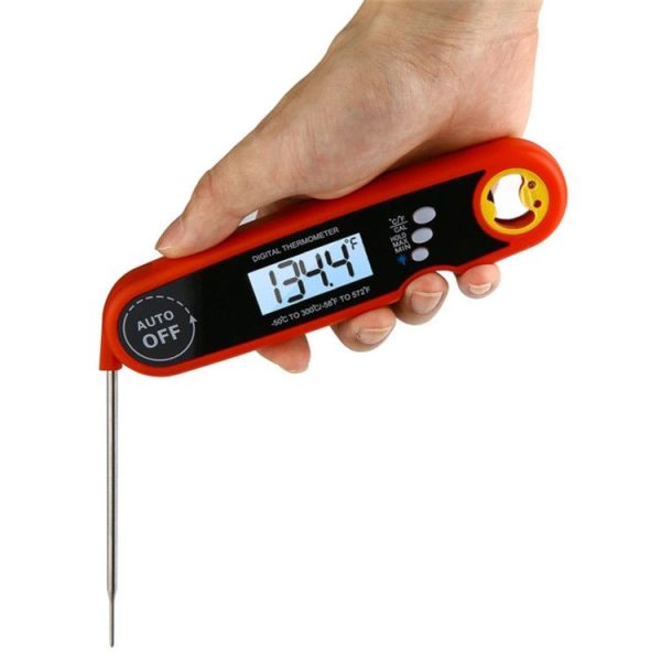 Foldable Probe Waterproof Food Thermometer Kitchen Barbecue Fast Temperature Measurement Digital Display Electronic Thermometer (Red)