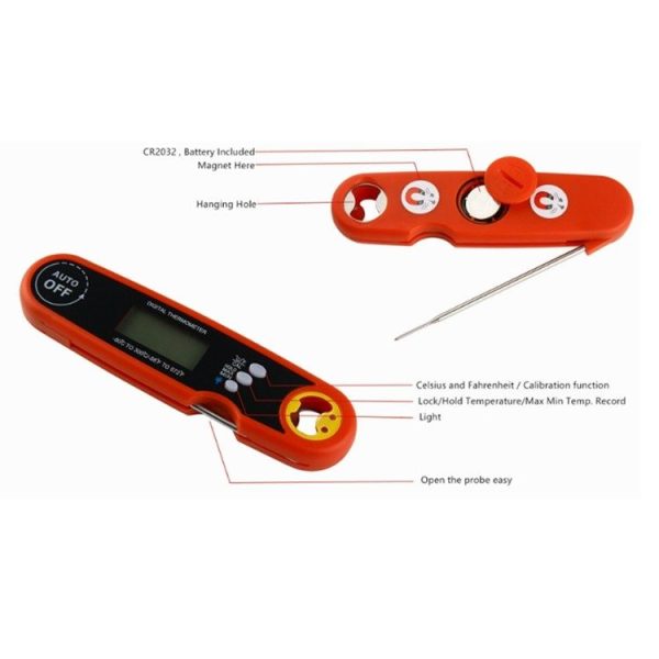 Foldable Probe Waterproof Food Thermometer Kitchen Barbecue Fast Temperature Measurement Digital Display Electronic Thermometer (Red) - Image 4