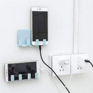 Practical Wall Sticking Phone Charging Holder Socket Strong Sticky Adhesive Sopport Rack Shelf With Hooks (Blue)