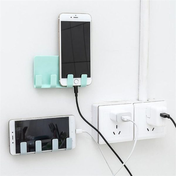 Practical Wall Sticking Phone Charging Holder Socket Strong Sticky Adhesive Sopport Rack Shelf With Hooks (Blue) - Image 3