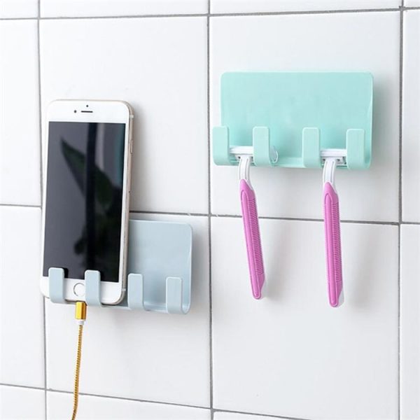 Practical Wall Sticking Phone Charging Holder Socket Strong Sticky Adhesive Sopport Rack Shelf With Hooks (Blue) - Image 4