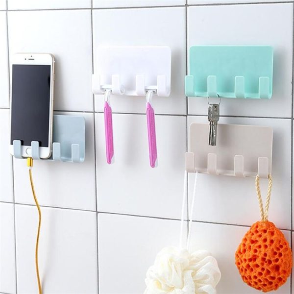 Practical Wall Sticking Phone Charging Holder Socket Strong Sticky Adhesive Sopport Rack Shelf With Hooks (Blue) - Image 7