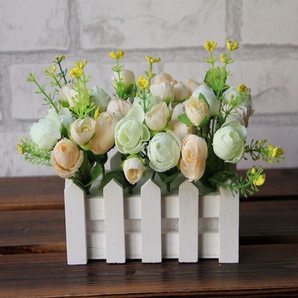 16cm Wooden Fence Small Tea Bud Garden Simulation Flower Kit Plant Pots Balcony Decor (White)