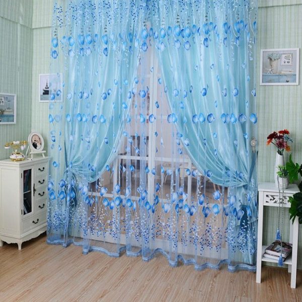 Tulip Print Curtain Bedroom Living Room Balcony Tulle Sunshade Curtain, Size: 100x200CM With Bead (Blue)