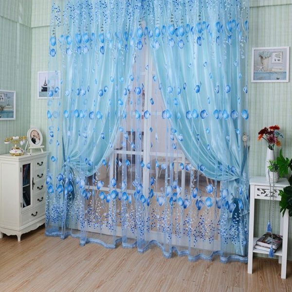 Tulip Print Curtain Bedroom Living Room Balcony Tulle Sunshade Curtain, Size: 100x200CM With Bead (Blue) - Image 2