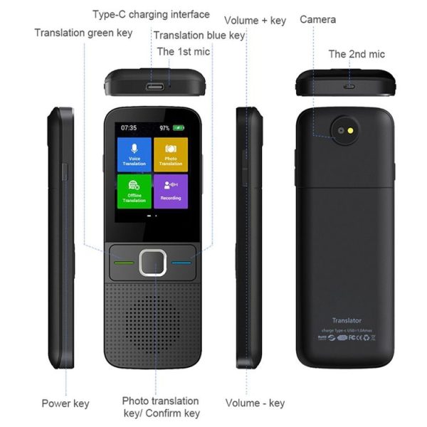 T10 Portable WIFI Smart Voice Translator Smart Business Travel Real Time AI Translator Translation Machine (Black) - Image 2