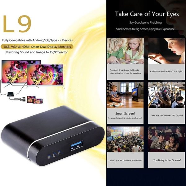 WeCast L9 Wired Display Dongle Smart Dual Display Monitors Mirroring VGA & HDMI Airplay Miracast TV Receiver (Black) - Image 6