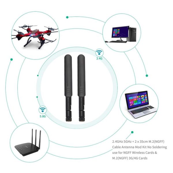 2 x 6dBi 2.4GHz 5GHz Dual Band WiFi RP-SMA Male Antenna + 2 x 35CM RP-SMA IPEX MHF4 Pigtail Cable for M.2 NGFF WiFi WLAN Card (Black) - Image 6
