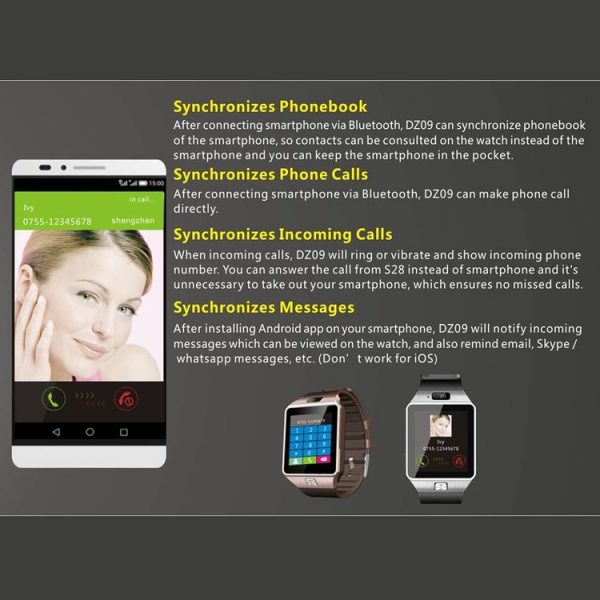 DZ09 1.56 inch Screen Bluetooth 3.0 Android 4.1 OS Above Smart Watch Phone with Bluetooth Call & Call Reminder & Sleep Monitor & Pedometer & Sedentary Reminder & Calendar & SMS & Audio and Video Player & Anti-loss Function (Gold) - Image 10