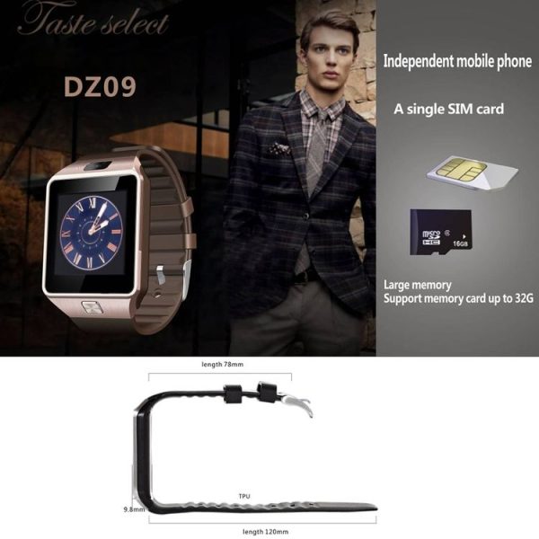 DZ09 1.56 inch Screen Bluetooth 3.0 Android 4.1 OS Above Smart Watch Phone with Bluetooth Call & Call Reminder & Sleep Monitor & Pedometer & Sedentary Reminder & Calendar & SMS & Audio and Video Player & Anti-loss Function (Gold) - Image 8