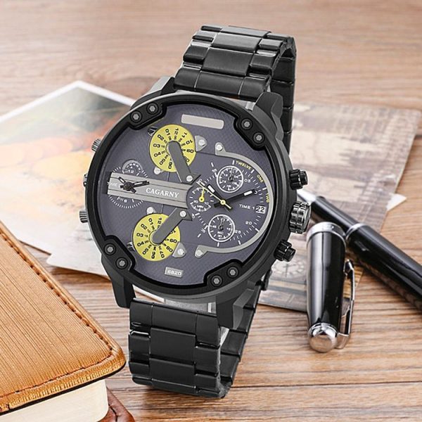 CAGARNY 6820 Fashionable Business Style Large Dial Dual Time Zone Quartz Movement Wrist Watch with Stainless Steel Band & Calendar Function for Men (Black Band Yellow Needle) - Image 2