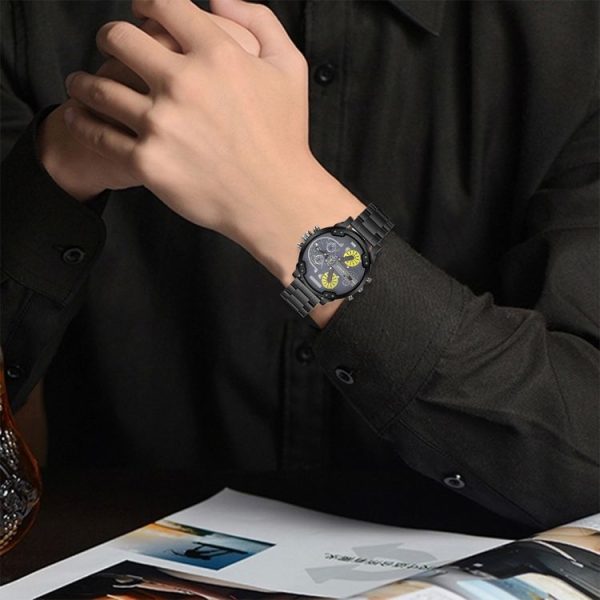CAGARNY 6820 Fashionable Business Style Large Dial Dual Time Zone Quartz Movement Wrist Watch with Stainless Steel Band & Calendar Function for Men (Black Band Yellow Needle) - Image 6