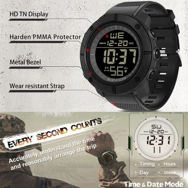 TANK North Edge Men Fashion Professional Military Army Outdoor Sport Waterproof Running Swimming Smart Digital Watch (Black) - Image 9