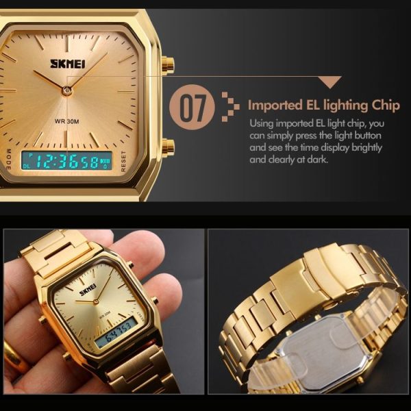 SKMEI 1220 Multifunctional Men Outdoor Business Noctilucent Waterproof Double Display Steel Watchband Wrist Watch (Gold) - Image 10