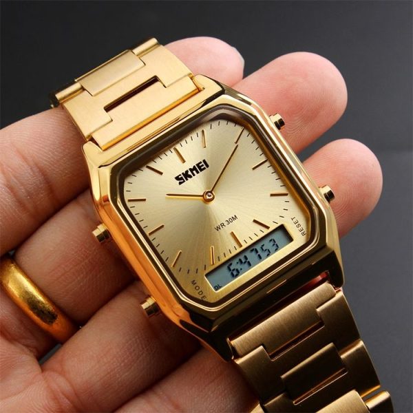 SKMEI 1220 Multifunctional Men Outdoor Business Noctilucent Waterproof Double Display Steel Watchband Wrist Watch (Gold) - Image 12