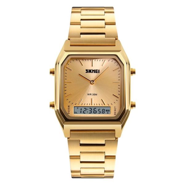 SKMEI 1220 Multifunctional Men Outdoor Business Noctilucent Waterproof Double Display Steel Watchband Wrist Watch (Gold) - Image 2