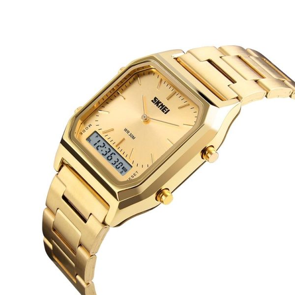 SKMEI 1220 Multifunctional Men Outdoor Business Noctilucent Waterproof Double Display Steel Watchband Wrist Watch (Gold) - Image 3
